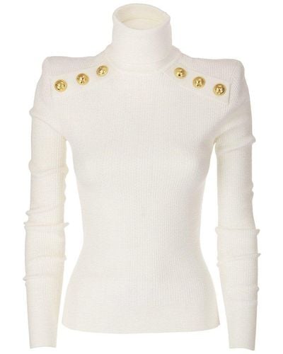 Balmain White Knit Sweater With Gold-tone Buttons