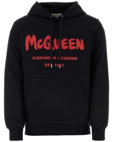 Alexander McQueen Logo Printed Drawstring Hoodie - Black
