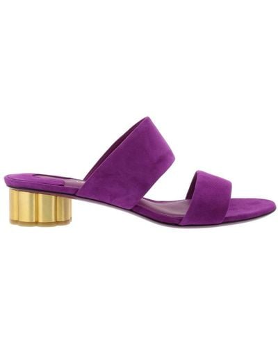 Ferragamo Belluno Flower-heel Suede Sandals - Purple