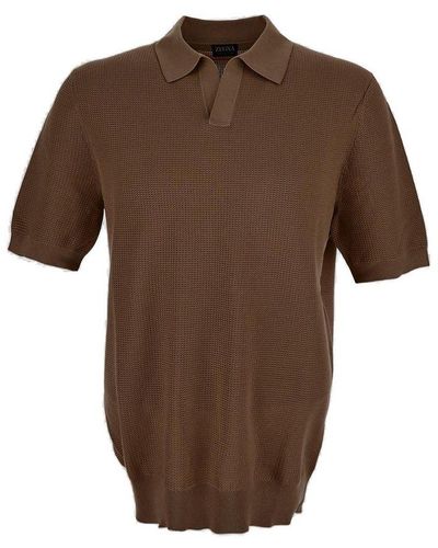 Zegna Short Sleeved Knitted Polo Shirt - Brown