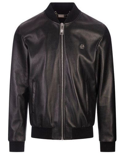 Philipp Plein Leather Bomber Jacket With Pp Hexagon - Black