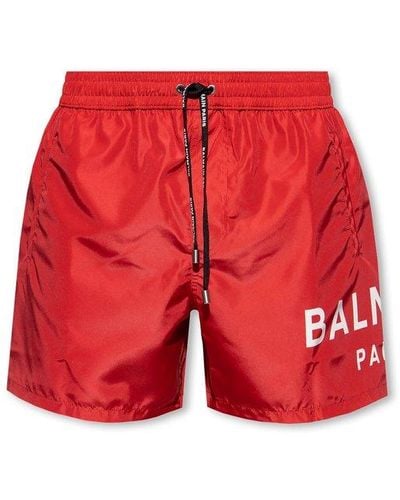 Balmain Logo Printed Drawstring Swim Shorts - Red