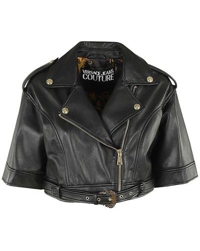 Versace Short-sleeved Cropped Leather Jacket - Black