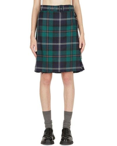 Burberry Checked Buckle Detailed Frayed Edge Mini Skirt - Green