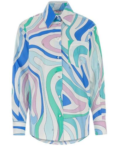Emilio Pucci Marmo-printed Long Sleeved Shirt - Blue