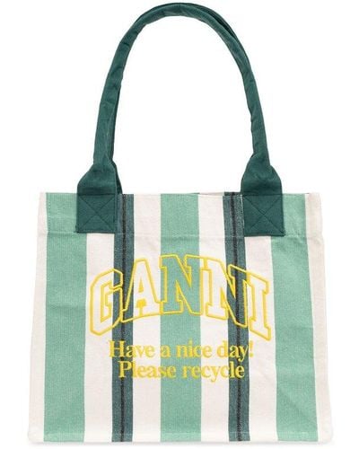 Ganni Shopper Bag With Logo, - Green