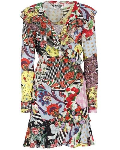 Moschino Jeans Floral-printed Long-sleeved Mini Dress - Grey