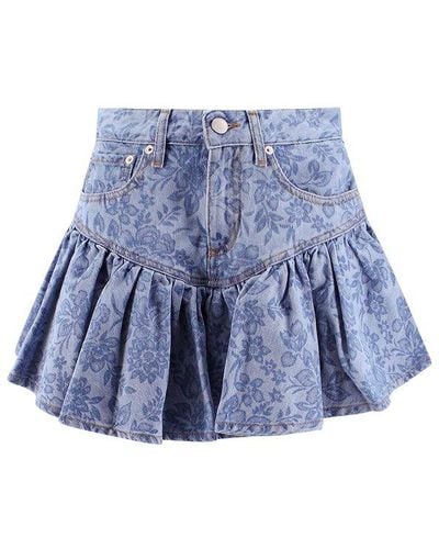 Alessandra Rich Floral Printed Ruffled Denim Mini Skirt - Blue