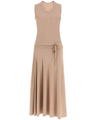 Lemaire Long Belted Dress In Crepe Jersey - Natural