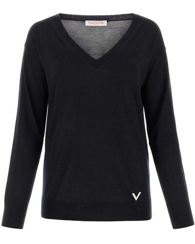 Valentino V-neck Knitted Sweater - Black