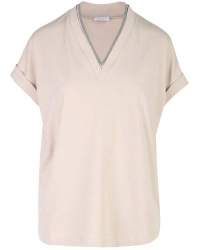 Brunello Cucinelli V-neck Short-sleeved T-shirt - Natural