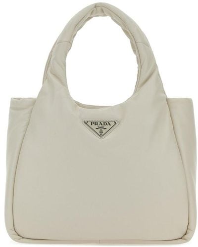 Prada Logo Plaque Top Handle Tote Bag - White