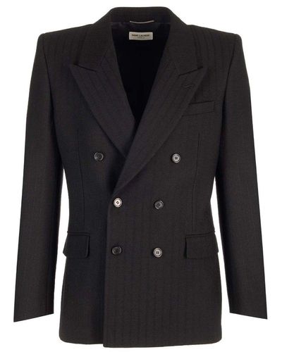 Saint Laurent Double-breasted Pinstriped Wool Jacket - Black