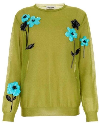 Miu Miu Floral-appliqué Crew-neck Sweater - Green