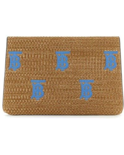 Burberry Embroidered-monogram Raffia Pouch Bag - Brown