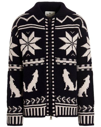 Etro Graphic Patterned Zip-up Knitted Cardigan - Black