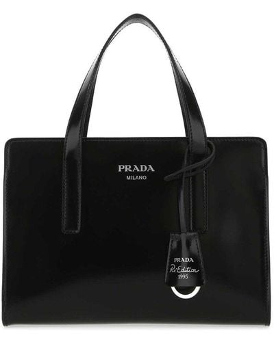 Prada Logo Detailed Top Handle Tote Bag - Black