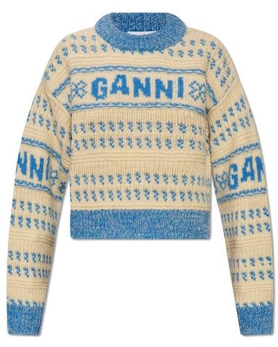 Ganni Wool Sweater With Logo, - Blue