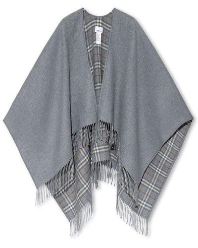 Burberry Checked Fringed Edge Reversible Cape - Grey