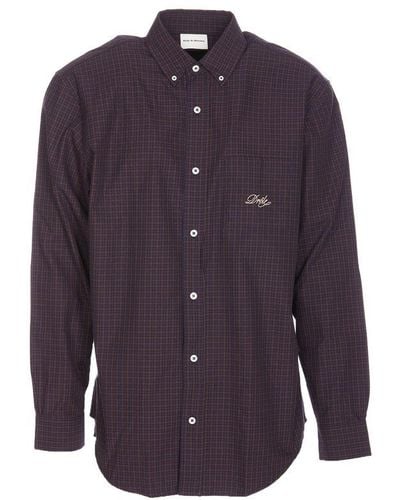 Drole de Monsieur Logo Embroidered Checked Shirt - Purple