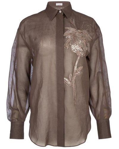 Brunello Cucinelli Floral-embroidered Long Sleeved Shirt - Brown