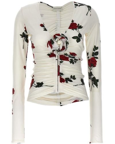Magda Butrym Ruched V-neck Printed Long Sleeved Jersey Top - White