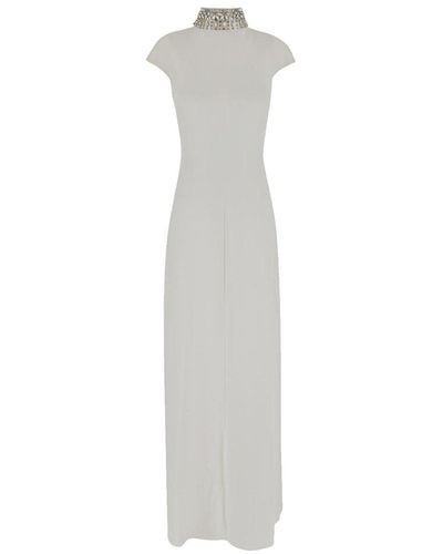Max Mara Crystal Embellished Neck Maxi Dresses - White