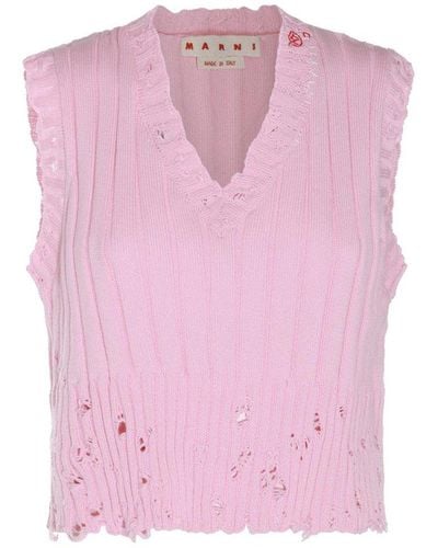 Marni Logo-embroidered V-neck Distressed Knitted Vest - Pink