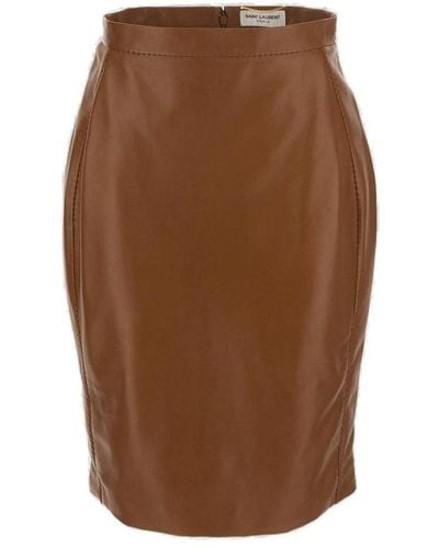 Saint Laurent Pencil Leather Skirt - Brown