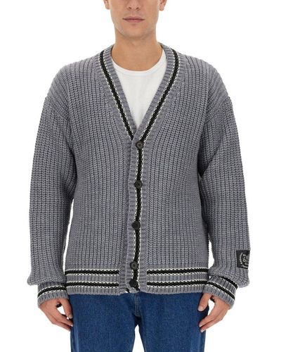 MSGM V-neck Striped-trim Knitted Cardigan - Grey