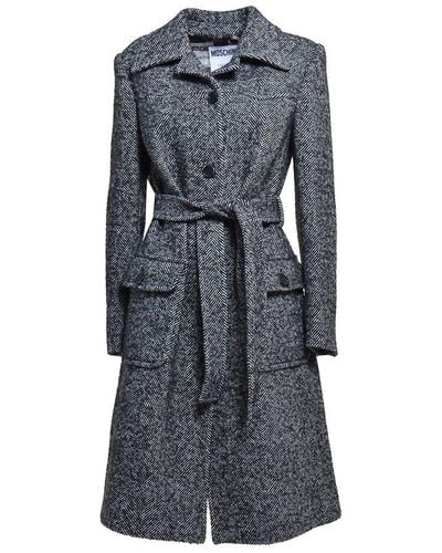 Moschino Black Wool Single-breasted Coat With Herringbone Pattern - Grey