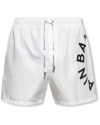 Balmain Logo Print Drawstring Swim Shorts - White