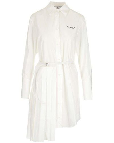 Off-White c/o Virgil Abloh Asymmetric Pleated Long-sleeved Shirt Dress - White