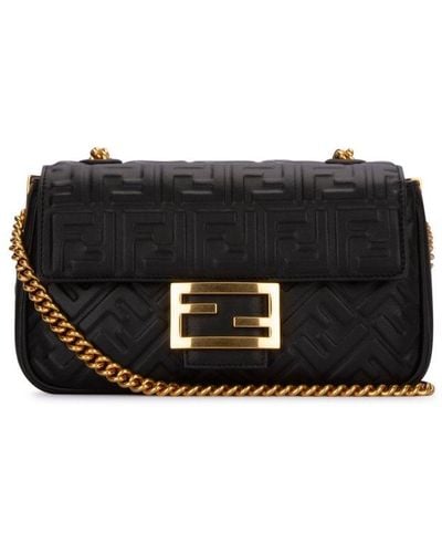 Fendi Baguette Bag In Nappa Leather With Embossed Ff Monogram - Black