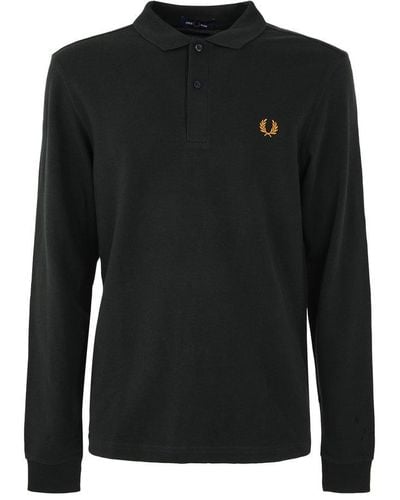 Fred Perry Long Sleeved Logo Embroidered Polo Shirt - Black