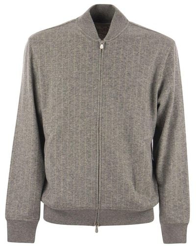Brunello Cucinelli Striped Zipped Knit Cardigan - Grey