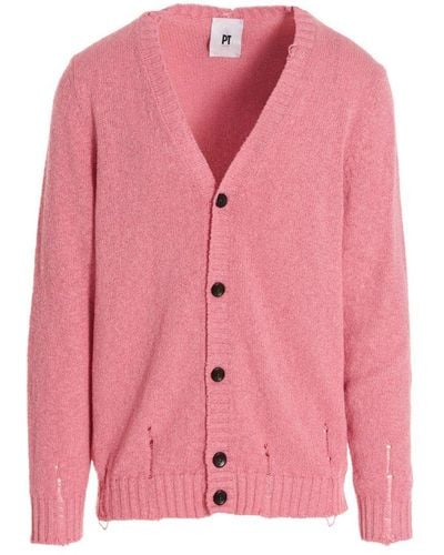 PT Torino V-neck Buttoned Knitted Distressed Cardigan - Pink
