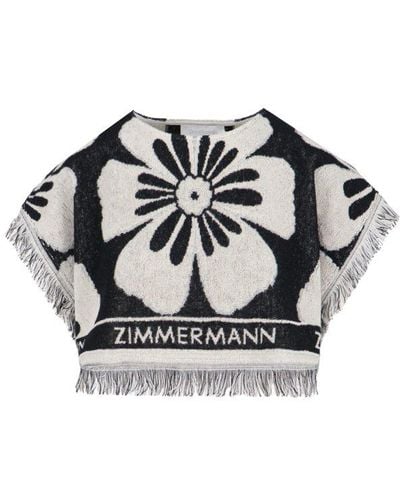 Zimmermann Halliday Logo Intarsia Fringed Hem Towelling Top - Grey