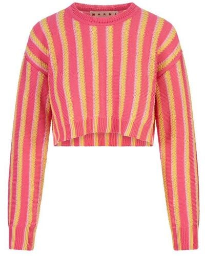 Marni And Striped Knitted Crop Pullover - Red