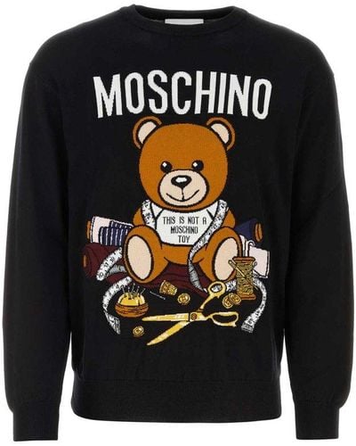 Moschino Teddy Bear Intarsia Knitted Crewneck Sweater - Black
