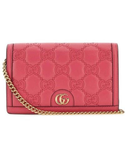 Gucci Logo Plaque Quilted Chain Wallet - Red