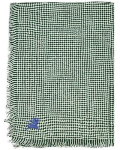 Burberry Logo-embroidered Houndstooth Fringed Scarf - Green