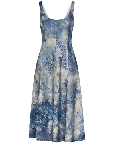 Ralph Lauren Floral Printed Flared Sleeveless Dresses - Blue