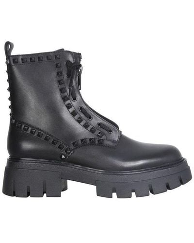 Ash Front-zip Studded Combat Boots - Black