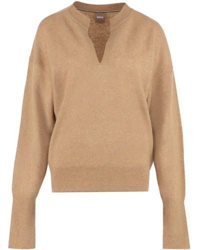 BOSS V-neck Knitted Sweater - Natural