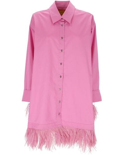 Marques'Almeida Feather Embellished Curved Hem Shirt Dress - Pink