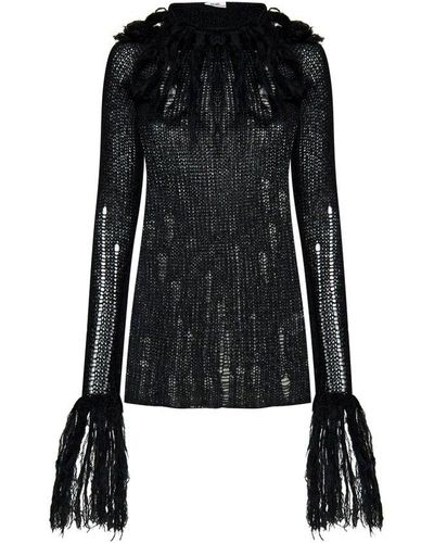 Gcds Long-sleeved Fringed Knit Sweater - Black