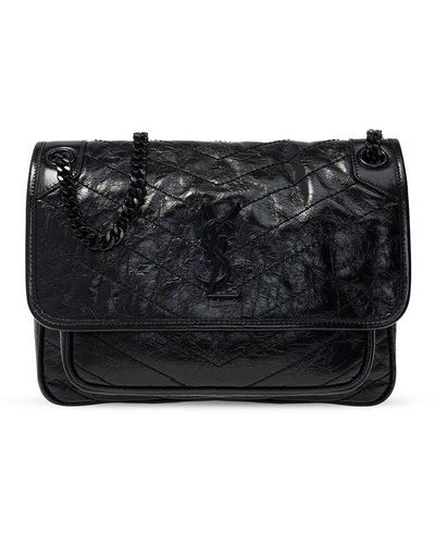 Saint Laurent Niki Medium Croc-embossed Leather Shoulder Bag - Black