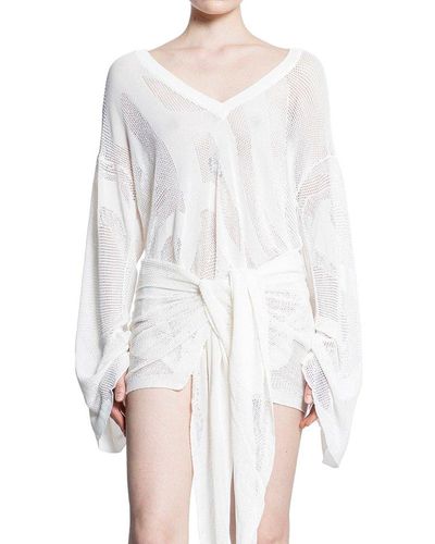 The Attico Asymmetric Hem Open Knit Mini Dress - White