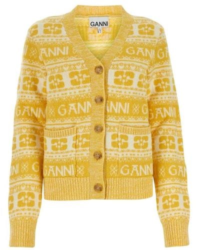 Ganni V-neck Button-up Knitted Cardigan - Yellow